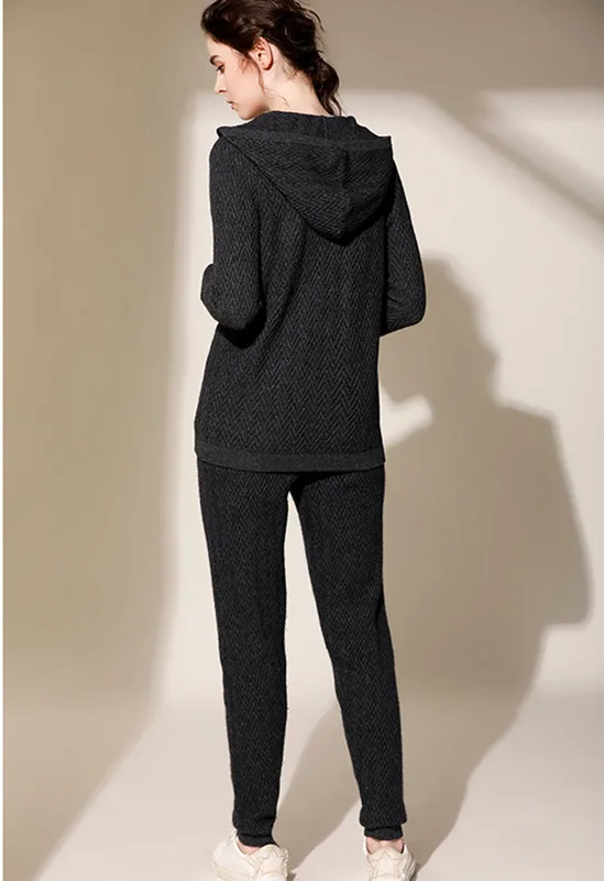 Высший сорт козья кашемир твил женские вязаные толстовки с капюшоном костюмы пальто на молнии длиной до щиколотки, штаны, 2 предмета в комплекте, шт./компл. ЕС/S-XL