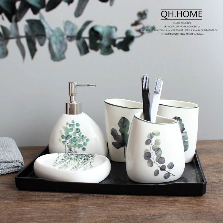 

Nordic green plant ceramic six-piece bathroom products Simple five-piece wedding bath set Bathroom ceramic set melamine tray