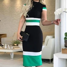 Fashion Women Stitching Hit Color Bodycon Dress Summer Casual Work Wear O-Neck Short Sleeve Midi Dress ol style plunging neck sleeveless hit color bodycon women s dress