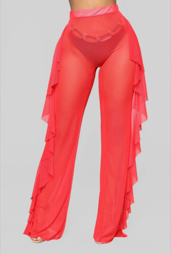 Womens Clothing Mesh Sheer Pants Ruffle 