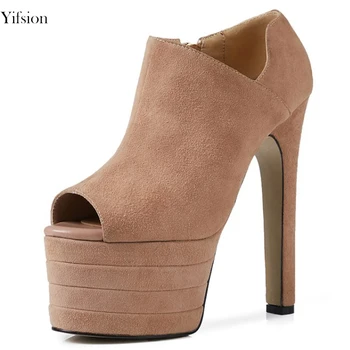 

Olomm Women Platform Pumps Kid Suede Sexy Square High Heels Pumps Fashion Peep Toe Black Nude Women Party Shoes US Size 3-9.5