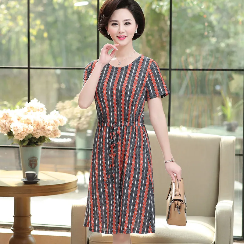 

Summer Clothes for Women Flower Vestidos Plus Size Loose Middle Age Mother Printed Short Sleeve Dress Cotton Silk Dresses