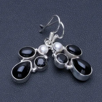 

Natural Black Onyx and River Pearl 925 Sterling Silver Earrings 1 1/2" Q1684