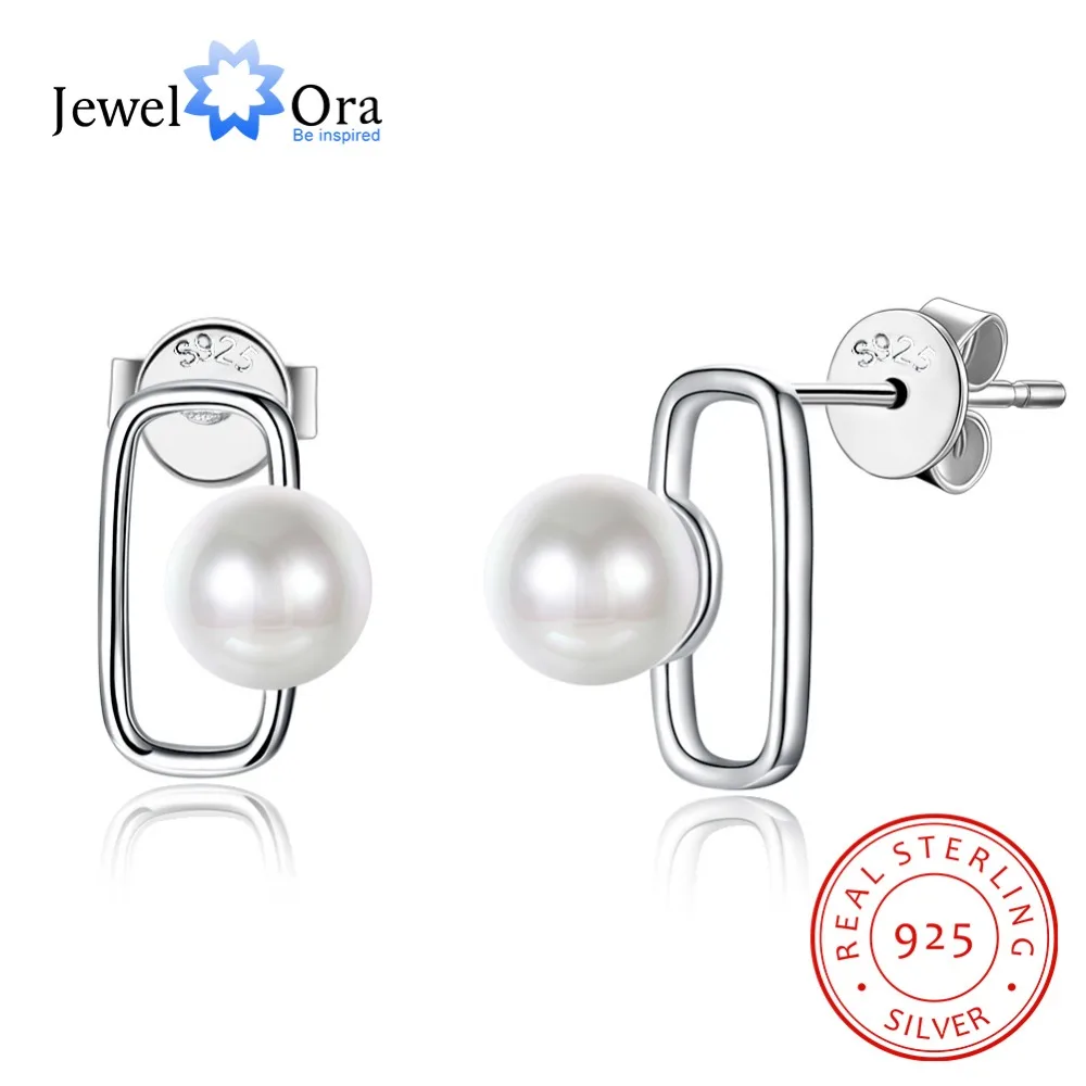 

Geometric Design Simulated Pearl Solid 925 Sterling Silver Stud Earrings For Women OL Jewelry Gift For Her (JewelOra EA102756)