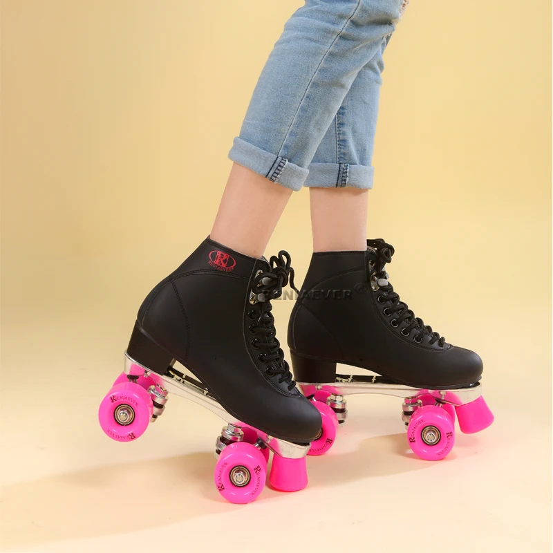 RENIAEVER الأسطوانة تزلج المرأة التزلج حذاء الألومنيوم قاعدة البولي يوريثين فرامل عجلات مع الوردي عجلات ، حذاء أسود
