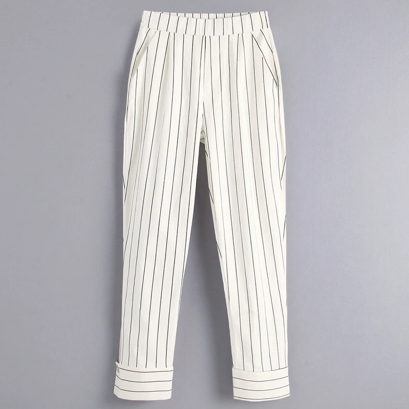 

Fandy Lokar Buttons Striped Printed Pants Women Fashion Ankle Length Trousers Women Elegant Elastic Waist Pants Female Ladies GV