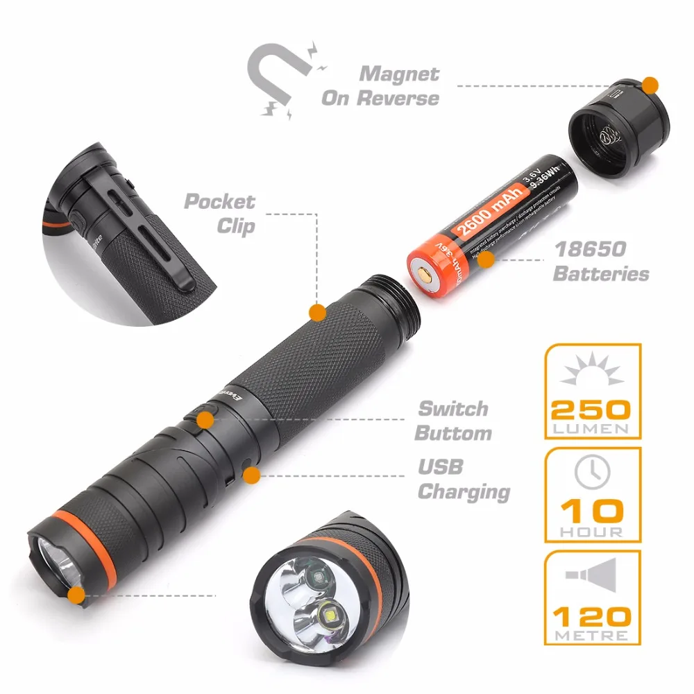  EverBrite LED flashlight Tactical Flashlight USB Rechargeable torch 18650 Battery Included Super Br