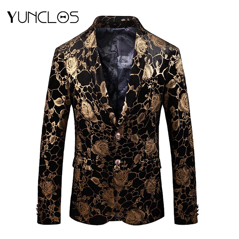 YUNCLOS 2019 Роза печатных для мужчин Блейзер Свадебная вечеринка Slim Fit костюмы куртки высокое качество костюм для выступлений для