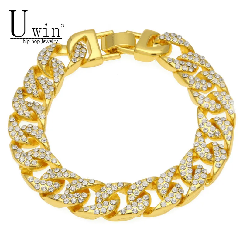 

UWIN Iced Out Curb Miami Cuban Bracelet Paved Clear Golden Bling Rhinestones Mens Womens Chain Bracelet Hip-hop Jewelry
