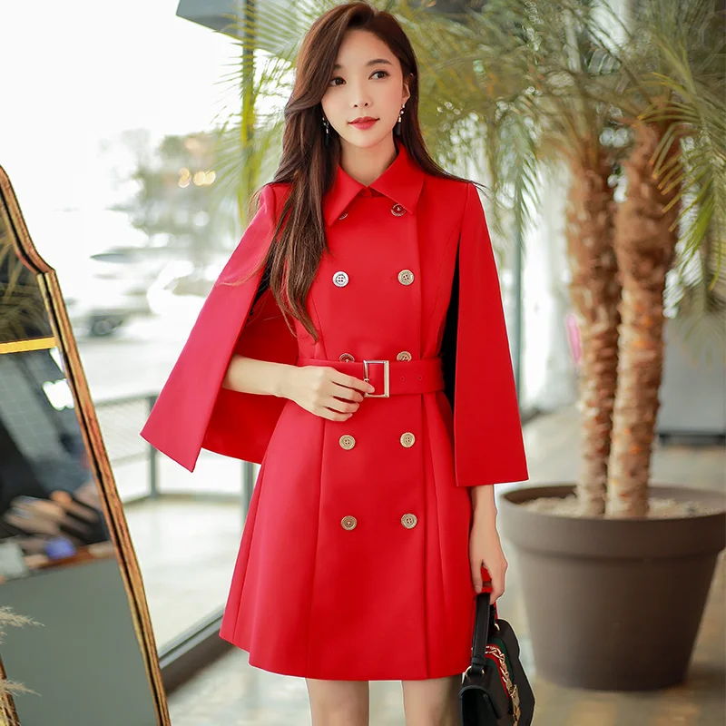 Dabuwawa 2018 Elegant Sleeveless Vest Trench Women Red Double Breast Cape Windbreak Vintage Warm Belt Formal Coat D18ATC023