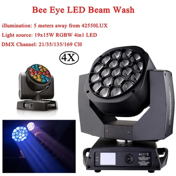 Goedkoop 4 stks partij LED Bee Eye 19X15 W RGBW 4IN1 Moving Head Verlichting Ultieme Draaien Stage Beam Wassen Effect podium DJ Disco Euiqpment Lamp