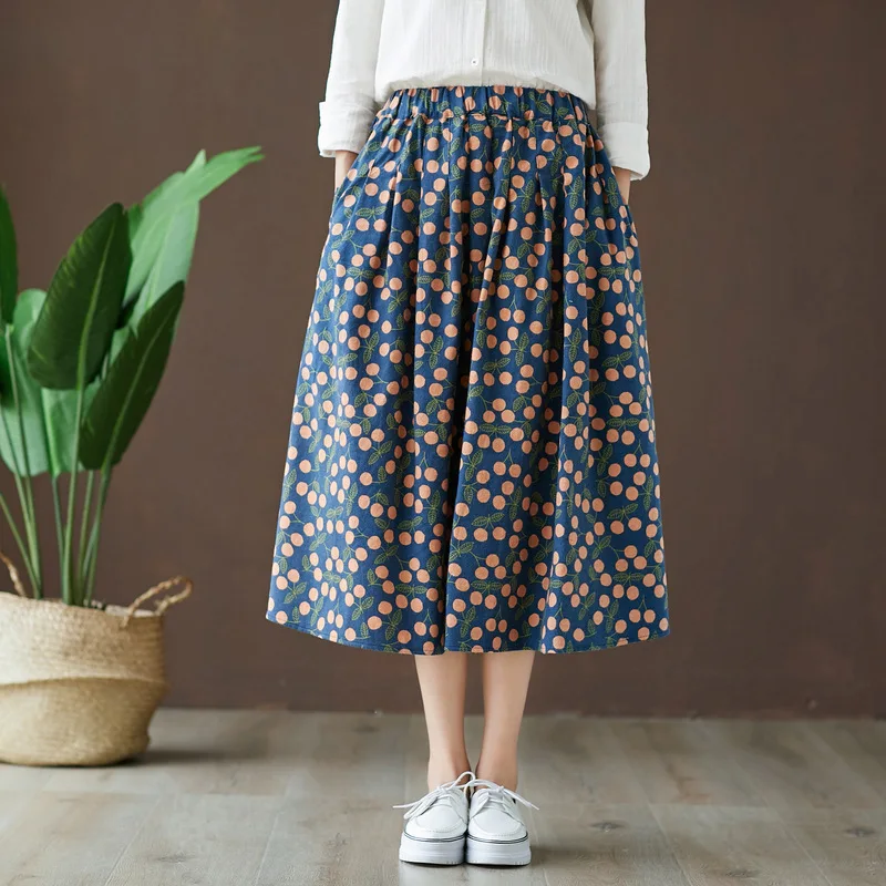 KYQIAO faldas mujer moda jupe femme mori girls autumn winter Japanese style vintage long a-line fruit print skirt