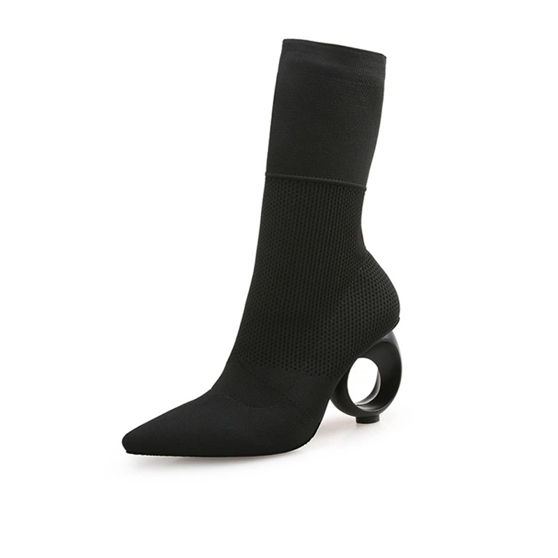 Модные дизайнерские Стрейчевые сапоги с узорами; вязаные сапоги с острым носком; цвет черный, абрикосовый; размеры 34-40
