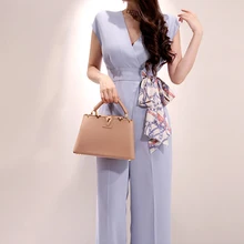 Elegant Belted Waist Business Jumpsuits Women New Wide Leg Long Playsuits Casual Office Lady Lace Up Work Wear Rompers