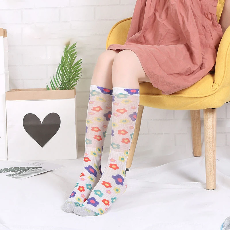 Модные цветочные носки с объемным принтом для женщин, блестящие забавные Носки с рисунком граффити, уличная одежда для девочек, Высокие гольфы, женские длинные носки