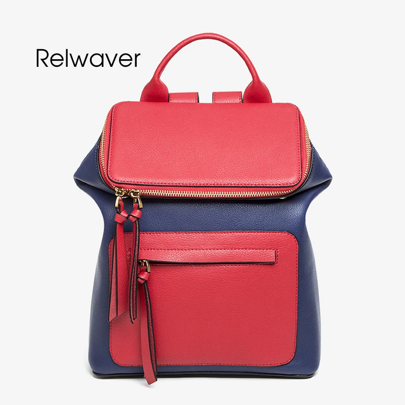 

Relwaver women backpack split leather big travel backpack contrast color fashion daily backpack black coffee red school bags