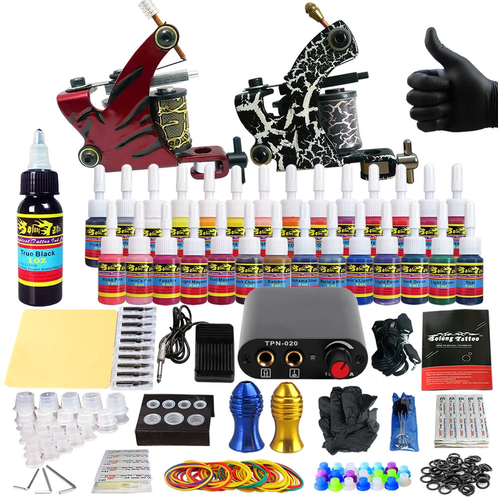 

Solong Tattoo complete professional 2 tattoo Machine Guns set Tattoo Kit 28 Inks Needle Grips power supply TK204-38