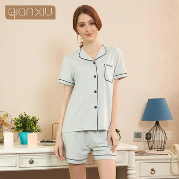 

2020 Summer Female Casual Pajama sets Ladies soft Cotton Sleepwear suit Women Turn-down Collar Short Sleeve t shirt & Shorts XXL