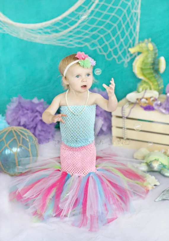 5 цветов Русалка платья для маленьких девочек милый зеленый рыбий хвост комплект с юбкой-пачкой месяцев Under The Sea наряд для фотосессий наряд рыбный костюм на Хэллоуин