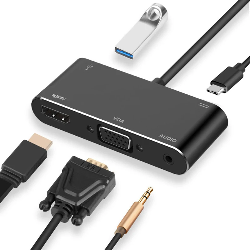 5 в 1 Usb C к Hdmi адаптер 4K type-C к Hdmi/Vga/аудио/Usb 3,0 порт+ Usb C порт(Pd) конвертер для ноутбука Macbook Zend Swit