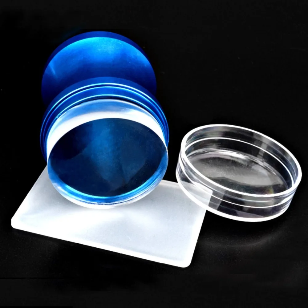 

4cm Transfer Clear Stamp Nail Stamper Scraper Set with Cap Blue Metal Handle Silicone Refill Head Polish Print Manicure Stamp