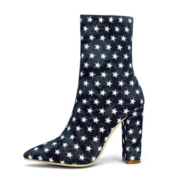 

Luxury Blue Velvet Upper With White Star Ankle Boots For Women Pointed Toe High Square Heel Winter Shoes Woman Runway Zapatos