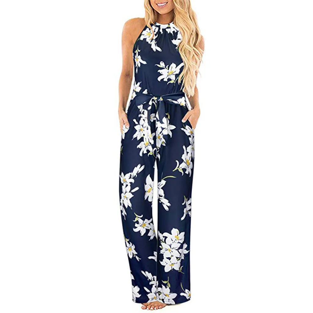 Rompers Womens Jumpsuit Plus Size Rompers Womens Jumpsuit Long Trousers Pants Women Halter Neck Loose Belted Pocket Jul - Цвет: BU