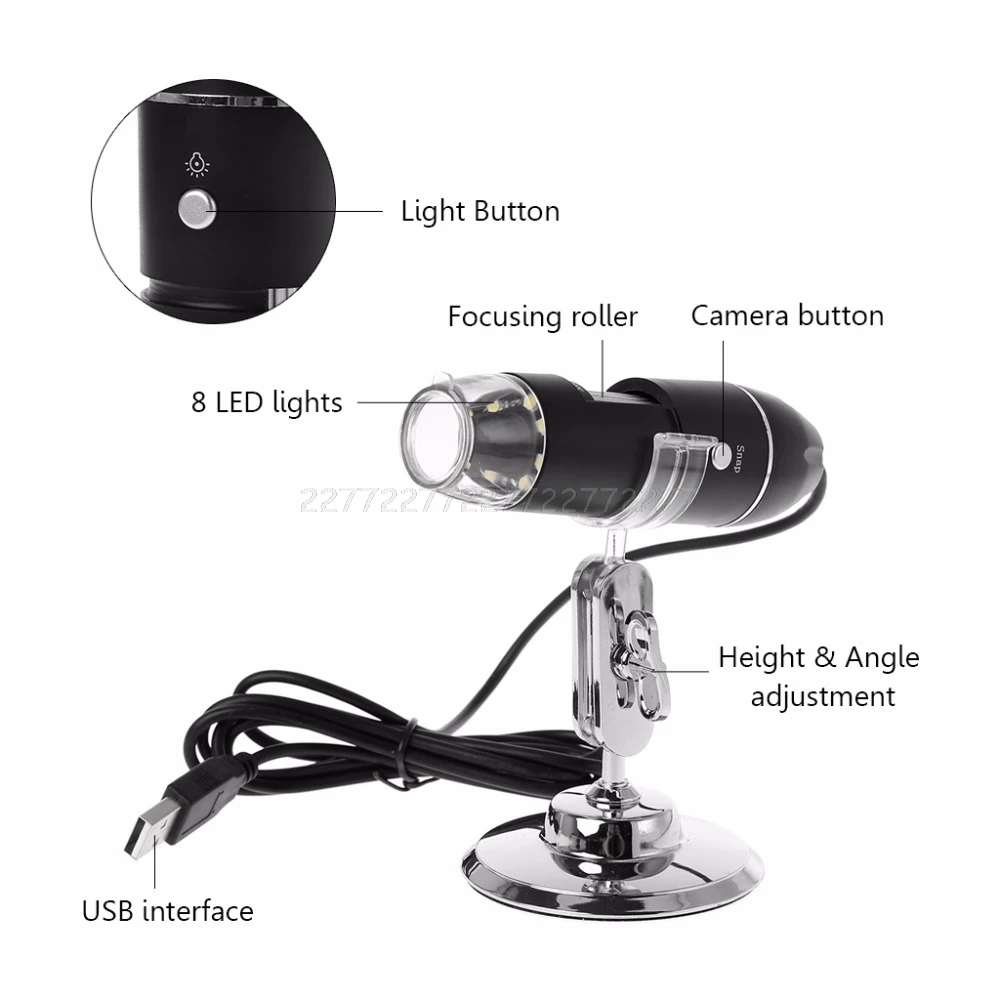 

1000X USB Digital Microscope Camera Endoscope 8LED Magnifier with Metal Stand For Windows A27 19 Dropship