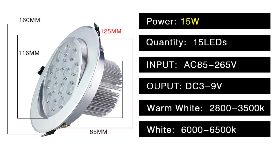 Светодиодный светильник 3 Вт 5 Вт 7 Вт 9 Вт 12 Вт 15 Вт круглая Встраиваемая светодиодная лампа 85-265 в включить драйвер Светодиодный точечный светильник для гостиной кухни