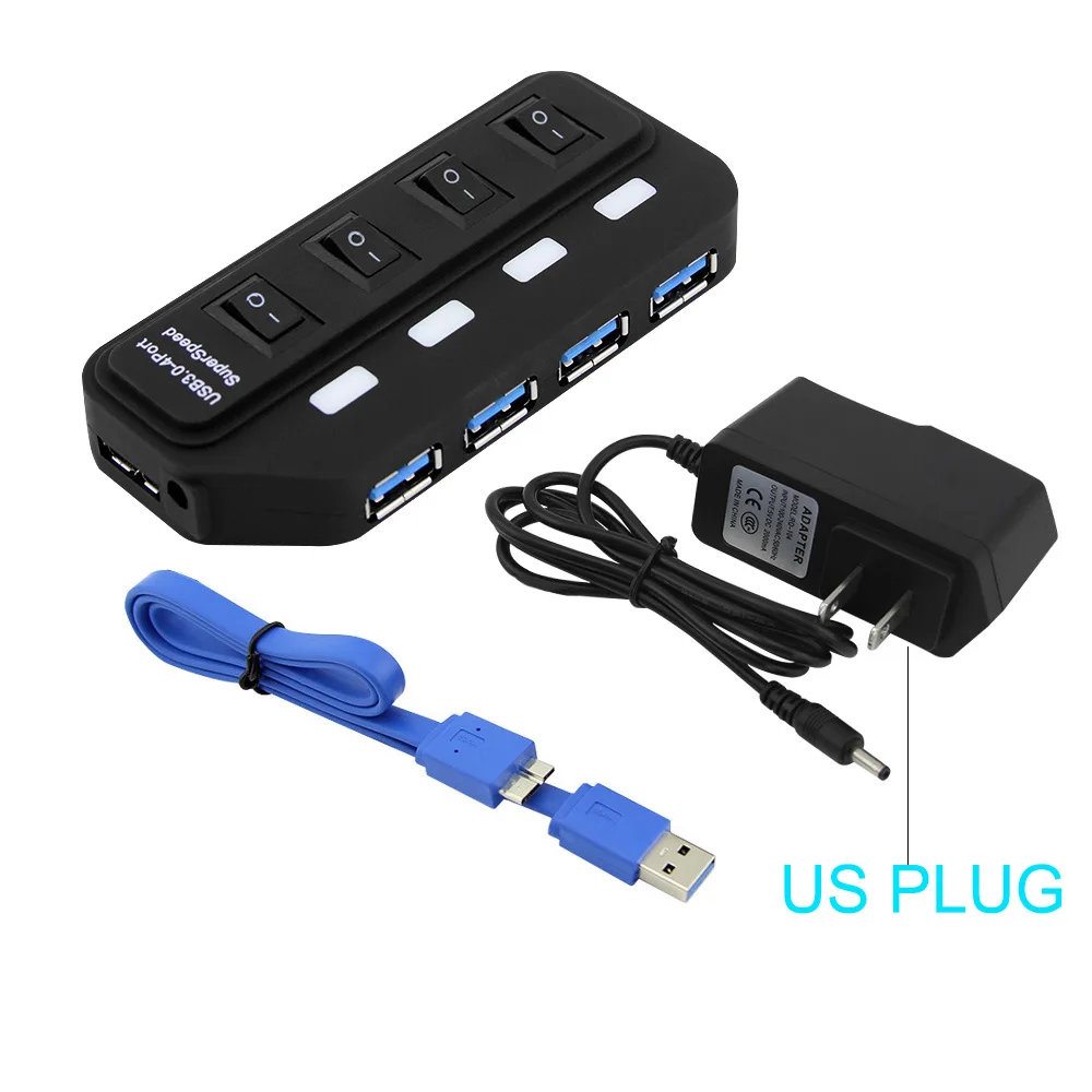 4-Порты и разъёмы USB Hub 3,0 High Скорость 5 Гбит концентратор USB 3,0 с коммутатором светодиодный многопортовый usb-адаптер для портативных ПК США/ЕС Мощность дополнительного адаптера - Цвет: Hub with US Plug