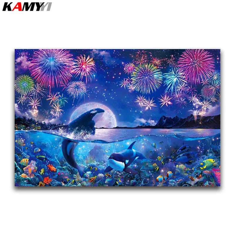 

whale DIY Diamond embroidery Fireworks moon Full square Diamond mosaic sea fish full round Diamond painting Cross stitch dolphin