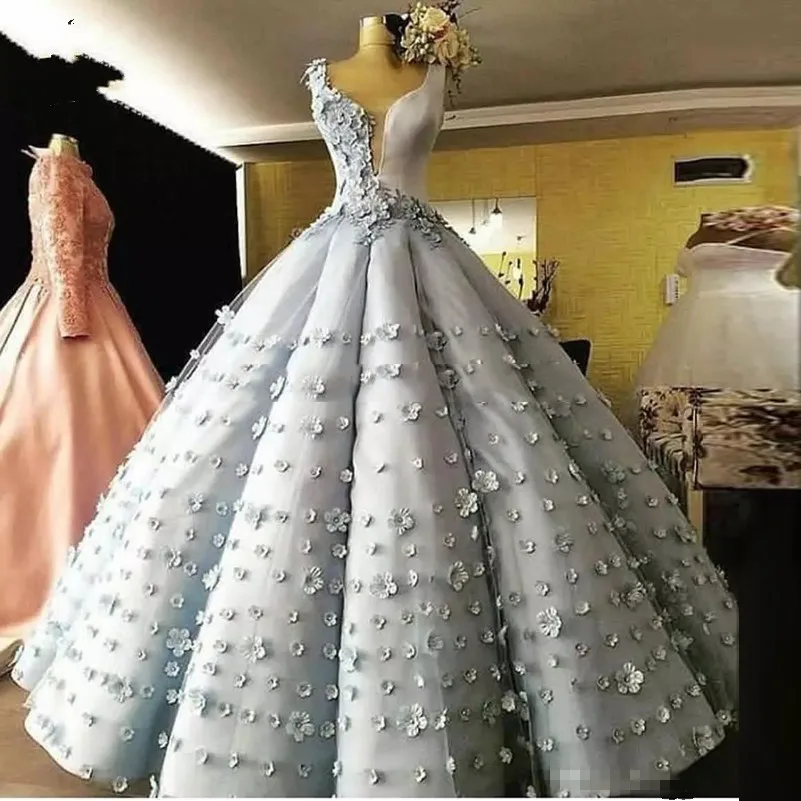 Романтическое свадебное платье с объемным цветком пушистые Бальные платья для принцесс красивые кружевные свадебные платья Vestido De Noiva Свадебные платья Дубай - Цвет: Синий