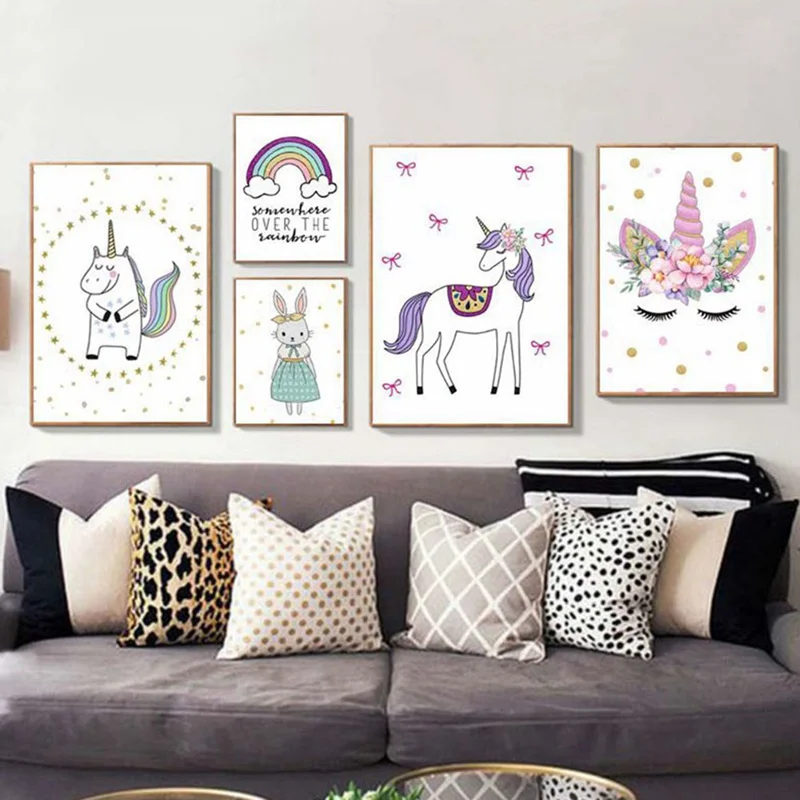 

Nordic Cartoon Unicorn Rabbit Rainbow Canvas Painting Wall Art Baby Nursery Girls Children Room Home Decor Poster Print Pictures