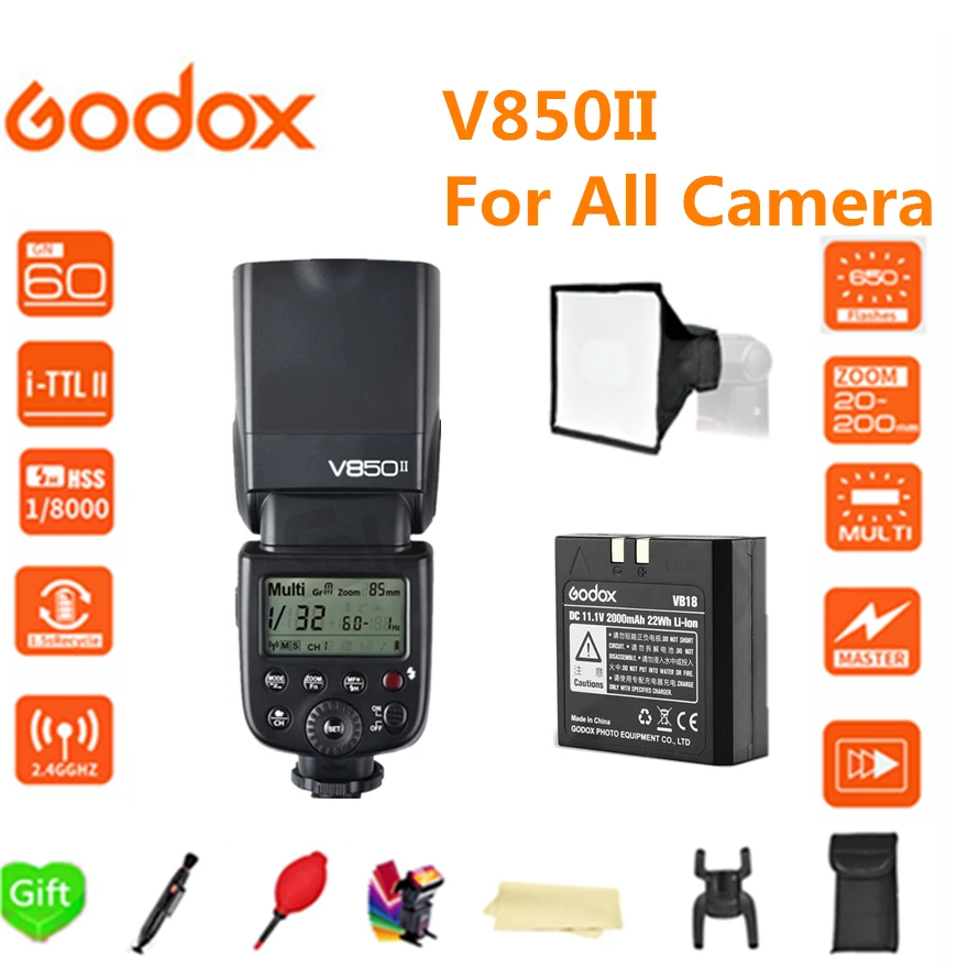

Godox V850II Flash with Changeable Li-ion Battery Camera Speedlite Flash for Canon Nikon Sony Fujifilm Olympus DSLR cameras