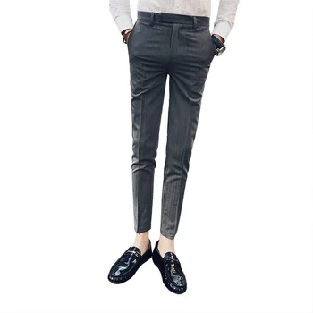 

Nice Autumn New Men Casual Slim Bound Feet Ankle-length Trousers Tide Solid Color Stripe Western-style Suit Pants Male 28-27
