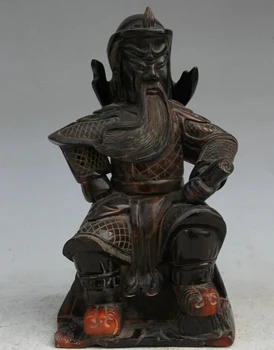 

USPS to USA S2302 10" Chinese ox horn Folk Seat Guan Gong Yu Warrior God knight General Statue