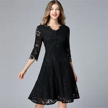 

Summer 2019 Three Quarter Lace V Neck Large size Dress Sexy Women Print Hollow Out Night Club Body con Party Dresses Wholesale