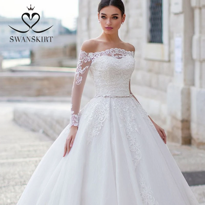 Swanskirt, элегантное бальное платье с аппликацией, свадебное платье,, вырез лодочкой, длинный рукав, кристалл, принцесса, свадебное платье, халат de mariee K148