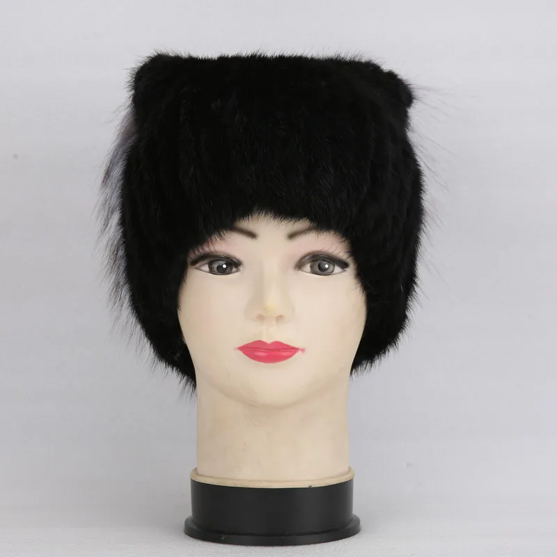 Cena Zima prawdziwe naturalne futro z norek z puszyste naturalne srebrne futra lisa proste urocze kocie uszy kwadratowa czapka ciepłe zimowe dla kobiet czapka zimowa