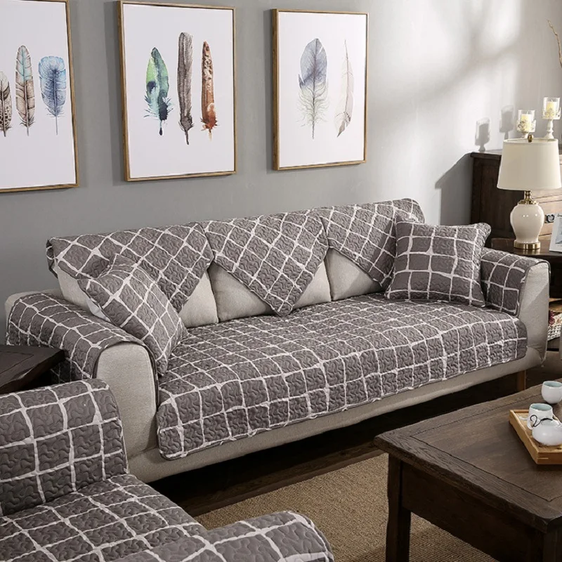 WLIARLEO Cotton Sofa Towel Gray Plaid Cover For Couch Breathable Sofa