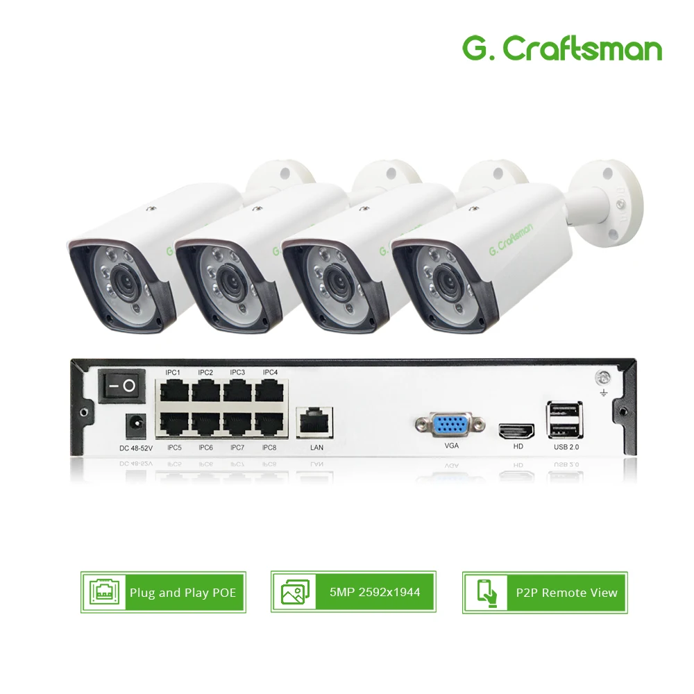 Prix 4ch 5MP POE Kit H.265 système de sécurité CCTV jusqu à 16ch NVR extérieur étanche IP caméra Surveillance alarme vidéo P2P G. Artisan