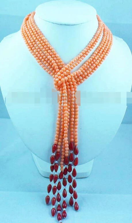 

huij 004801 4mm orange Round & 12*6mm Red water-drop Coral 3-strand 45" cappa necklace A0510