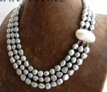

Women Gift Freshwater Jewelry Natural Triple Strand Black Baroque Pearl Necklace-Cameo Flower ClaspGenuine Selling Huge