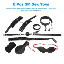 8Pcs Flirt Adult Games Handcuff Mouth Ball Nipple Clamp Cotton Rope Dog Chain Whip Blindfold SM Leather BDSM Sex Toy For Couples