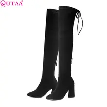 QUTAA/ г. Новое поступление, женские ботфорты выше колена зимняя обувь пикантные женские мотоботы на платформе с каблуком-копытом размеры 34-43