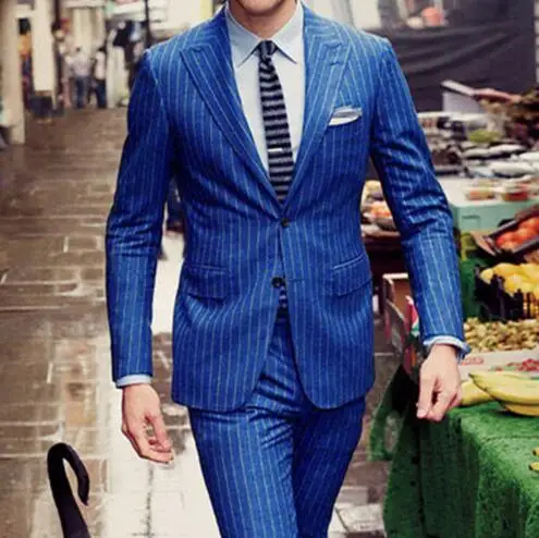 

2019 Mens Chalk Stripe Suit Custom Made Royal Blue Mens Striped Suit,Tailored Single Breasted Chalk Striped Men Suit Peak Lapel