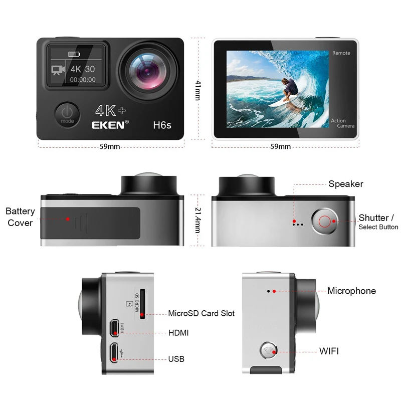 Оригинальная Экшн камера EKEN H6S Ultra HD 4K EIS стабилизация изображения Ambarella A12 с чипом