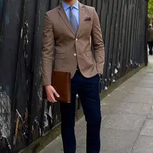 Новое поступление, итальянский мужской костюм, коричневый Блейзер, темно-синие брюки, повседневные мужские смокинги, 2 предмета, облегающие мужские свадебные вечерние костюмы на выпускной