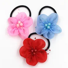 2 pçs/lote venda quente menina círculo de cabelo bonito na moda faixas de cabelo chiffon pérola flor elástico corda do cabelo acessórios para o cabelo das meninas