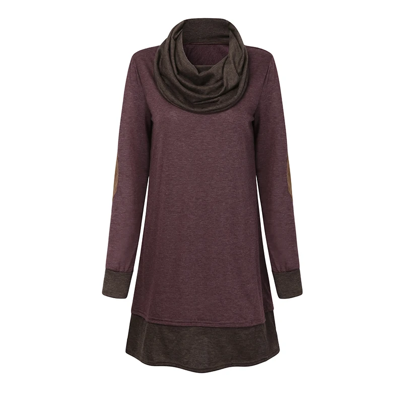 S-5XL Women Long Sleeve Thin Pullover Spring Autumn Blouse Patchwork Cowl Neck Ladies Long Tops Casual Shirts Elbow Patches New